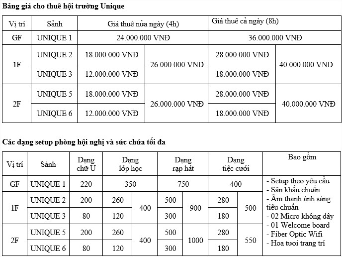 bảng giá cho thuê hội trường chi nhánh unique